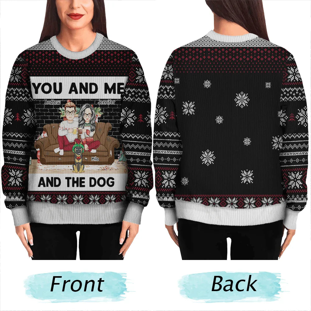 Pet Couple - You And Me And The Dogs Cartoon - Personalized Unisex Ugly Sweater