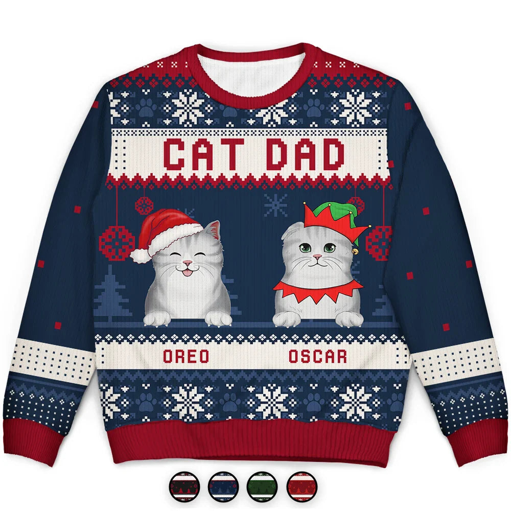 Cat Mom, Cat Dad, Cat Lovers - Cat Dad Cat Mom Christmas - Personalized Unisex Ugly Sweater