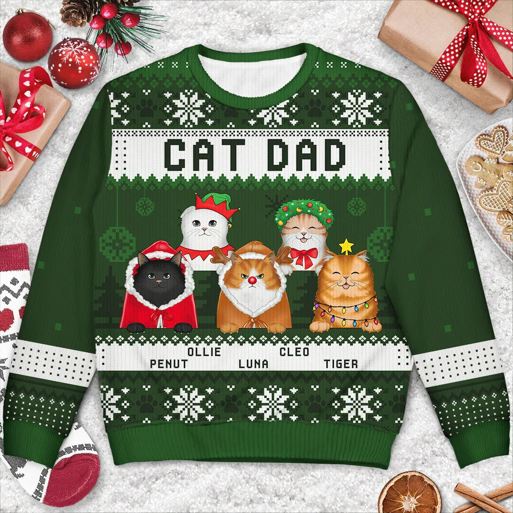 Cat Mom, Cat Dad, Cat Lovers - Cat Dad Cat Mom Christmas - Personalized Unisex Ugly Sweater