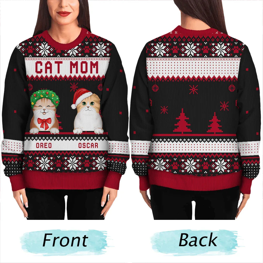 Cat Mom, Cat Dad, Cat Lovers - Cat Dad Cat Mom Christmas - Personalized Unisex Ugly Sweater