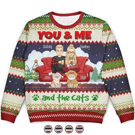 Cat Couple, Cat Lovers - You And Me And The Cats Cartoon Christmas - Personalized Unisex Ugly Sweater