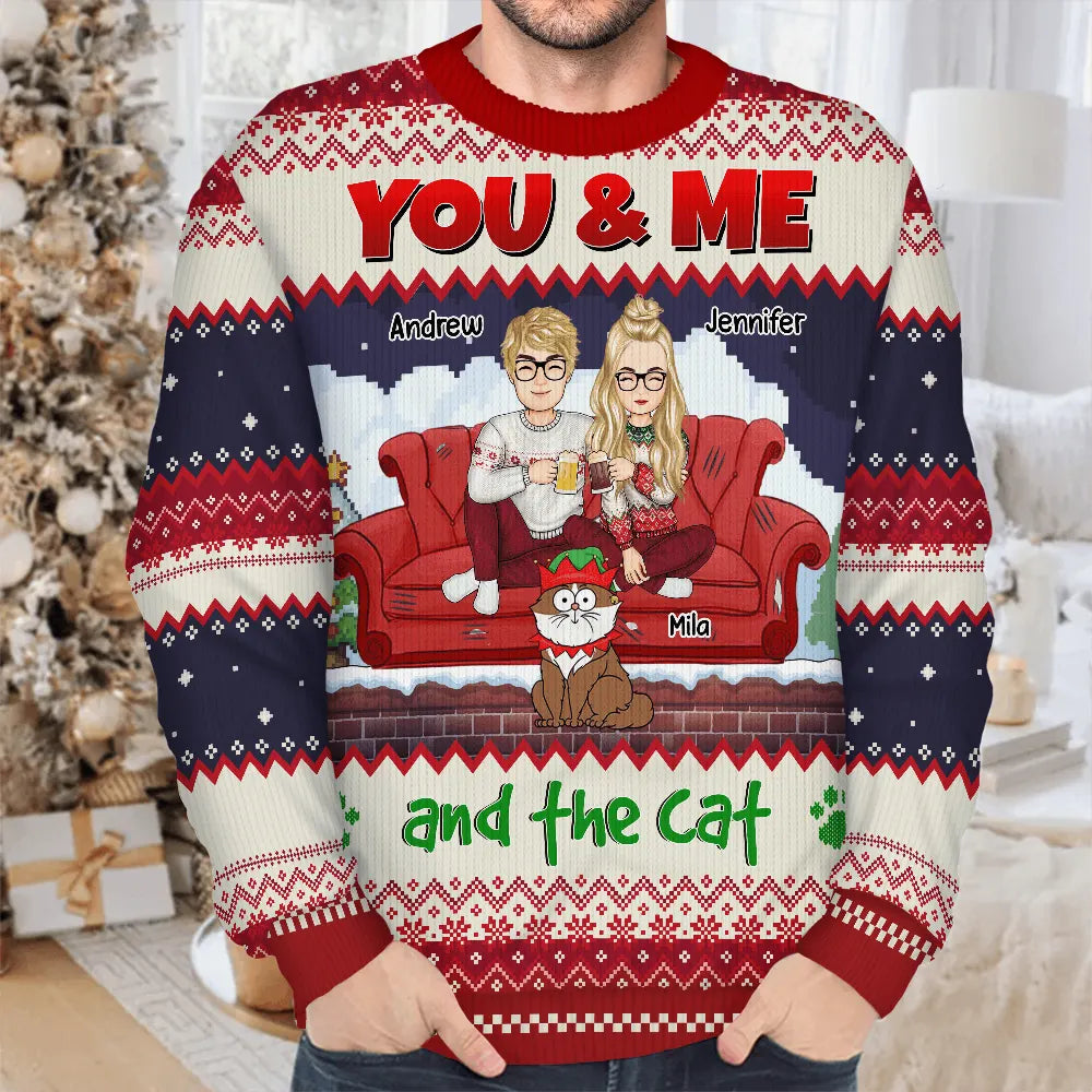 Cat Couple, Cat Lovers - You And Me And The Cats Cartoon Christmas - Personalized Unisex Ugly Sweater