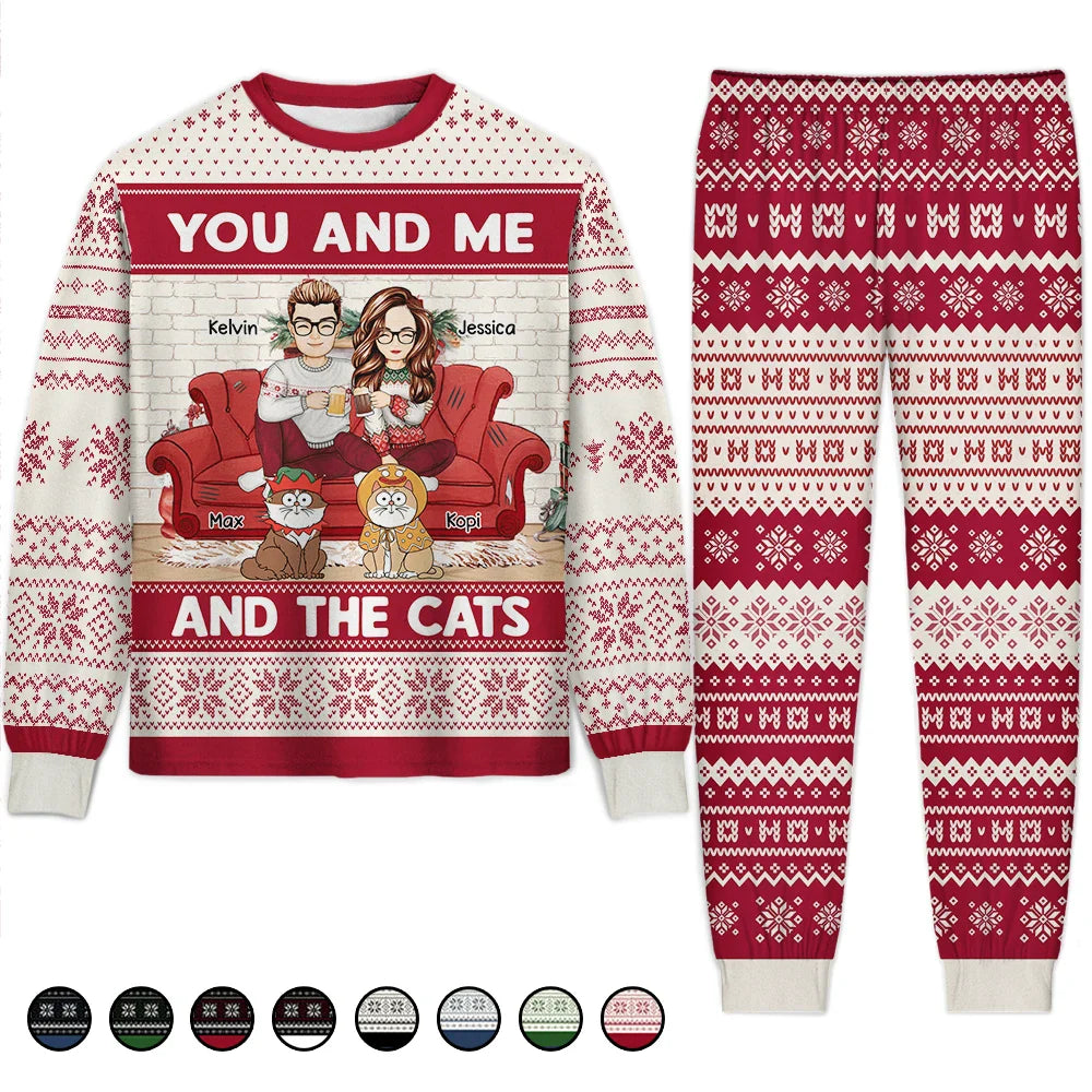 Cat Couple - You And Me And The Cats Christmas Couples - Personalized Unisex Pajamas Set