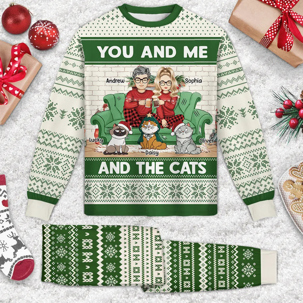 Cat Couple - You And Me And The Cats Christmas Couples - Personalized Unisex Pajamas Set