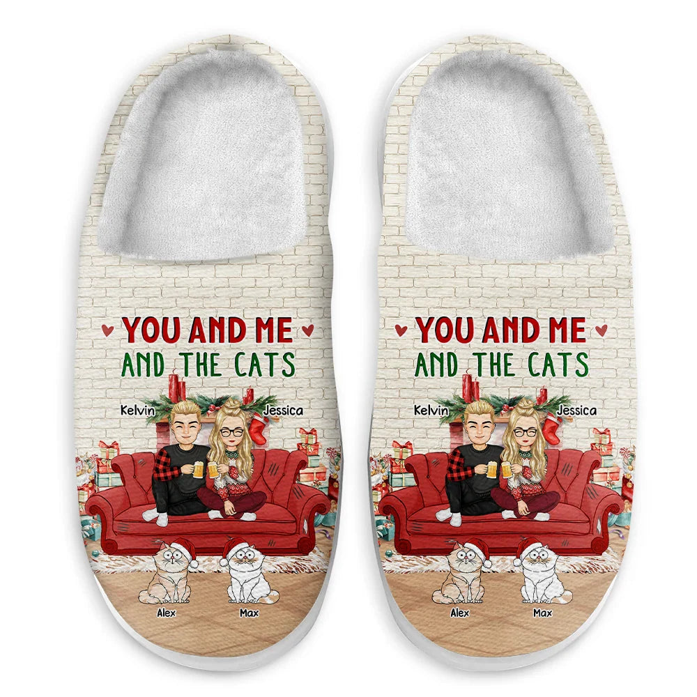 Christmas,Cat Couple,Funny - You And Me And The Cats Christmas Couples - Personalized Fluffy Slippers