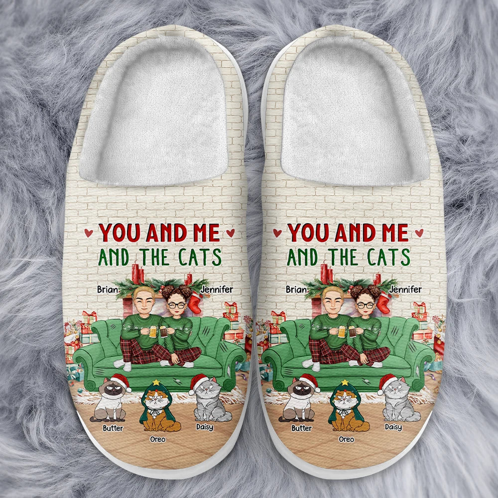 Christmas,Cat Couple,Funny - You And Me And The Cats Christmas Couples - Personalized Fluffy Slippers