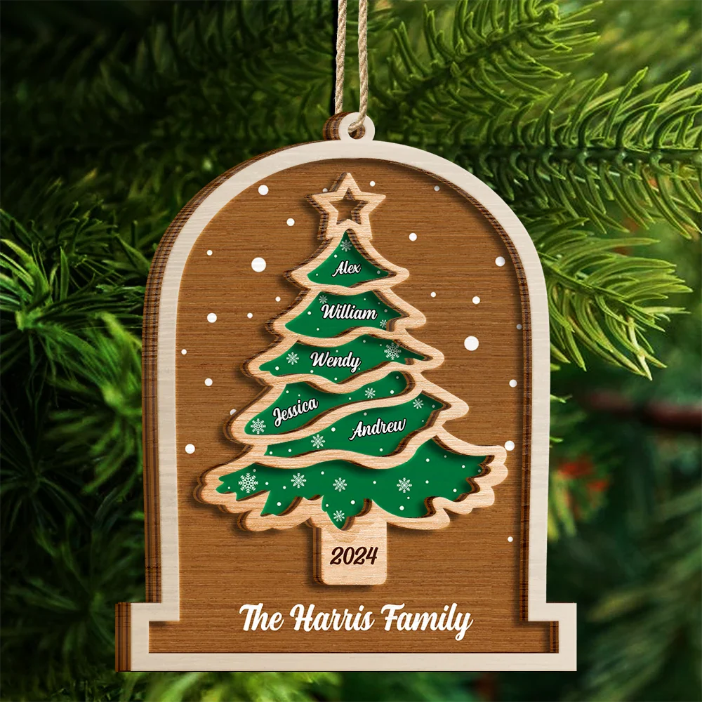 Family,Happy,Christmas - Family Christmas Tree - Personalized 2-Layered Wooden Ornament