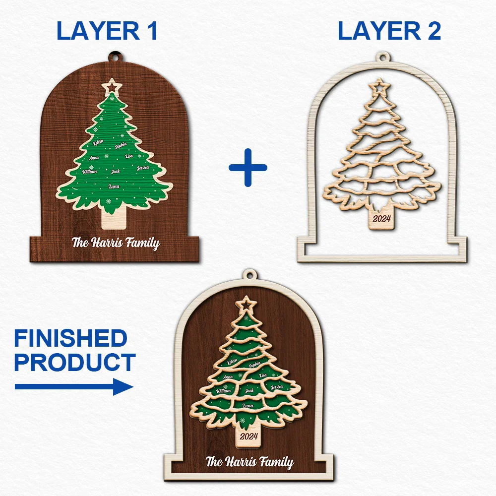 Family,Happy,Christmas - Family Christmas Tree - Personalized 2-Layered Wooden Ornament