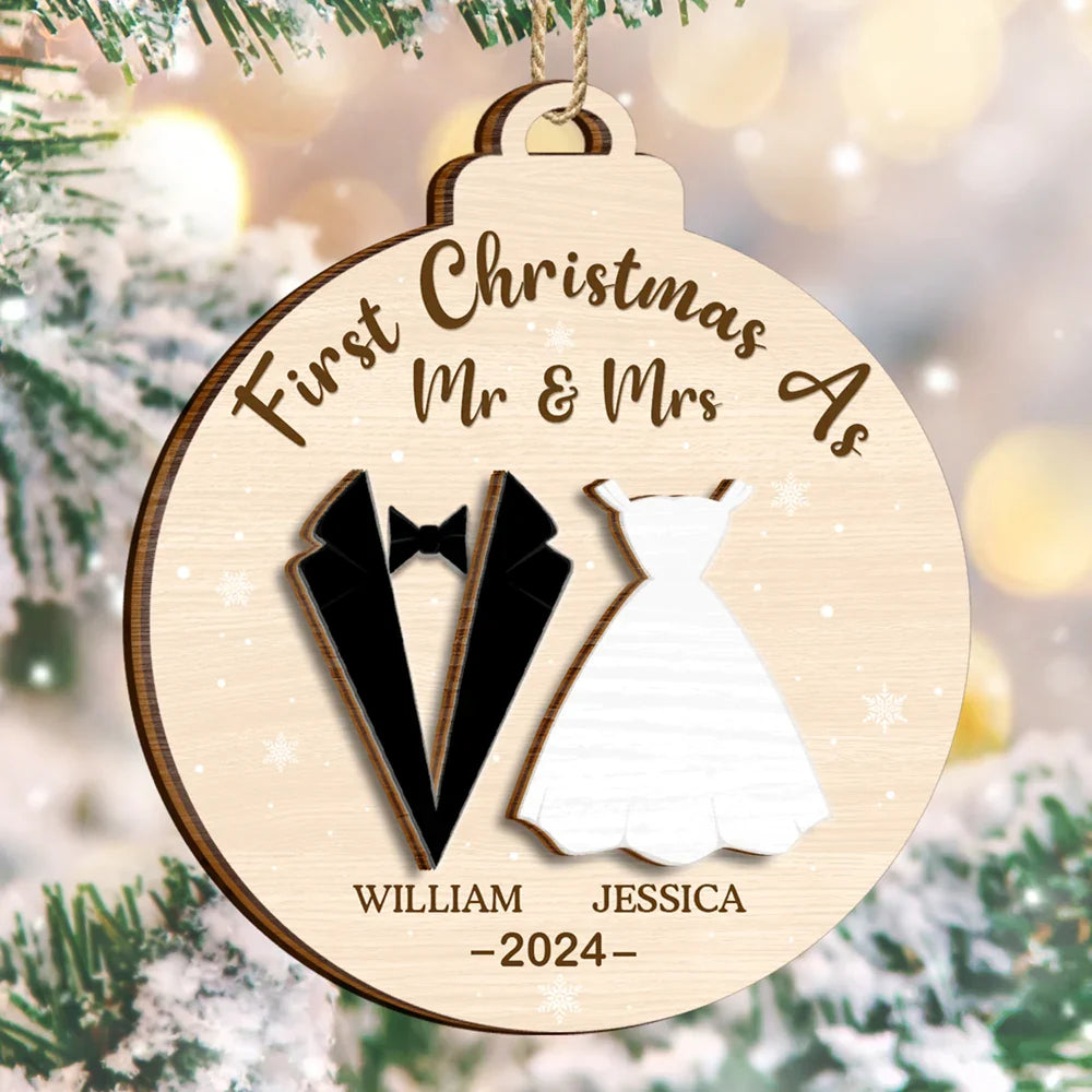 Christmas,Gift For Couples,Gift For Husband,Gift For Wife,Happy - First Christmas As Mr & Mrs Married Couples - Personalized 2-Layered Wooden Ornament