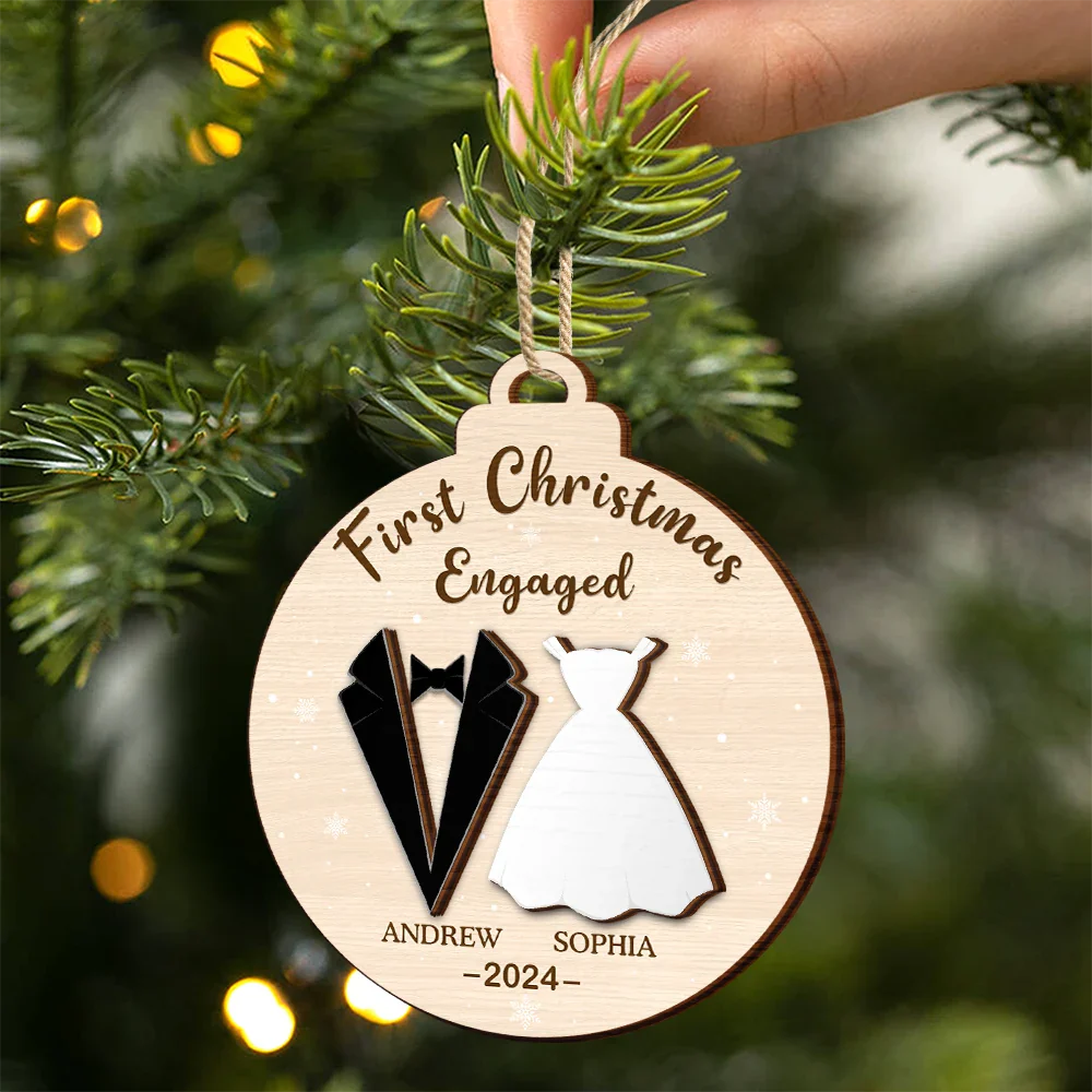 Christmas,Gift For Couples,Gift For Husband,Gift For Wife,Happy - First Christmas As Mr & Mrs Married Couples - Personalized 2-Layered Wooden Ornament