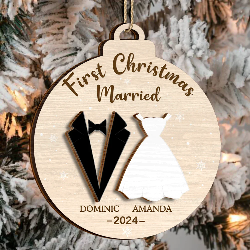 Christmas,Gift For Couples,Gift For Husband,Gift For Wife,Happy - First Christmas As Mr & Mrs Married Couples - Personalized 2-Layered Wooden Ornament