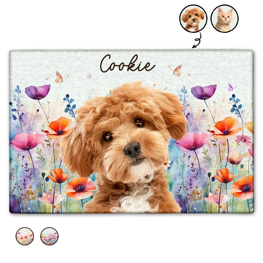 Custom Photo,Pet Lovers,Dog Lovers,Cat Lovers,Happy - Custom Photo Dog Cat Watercolor Wildflowers - Personalized Doormat