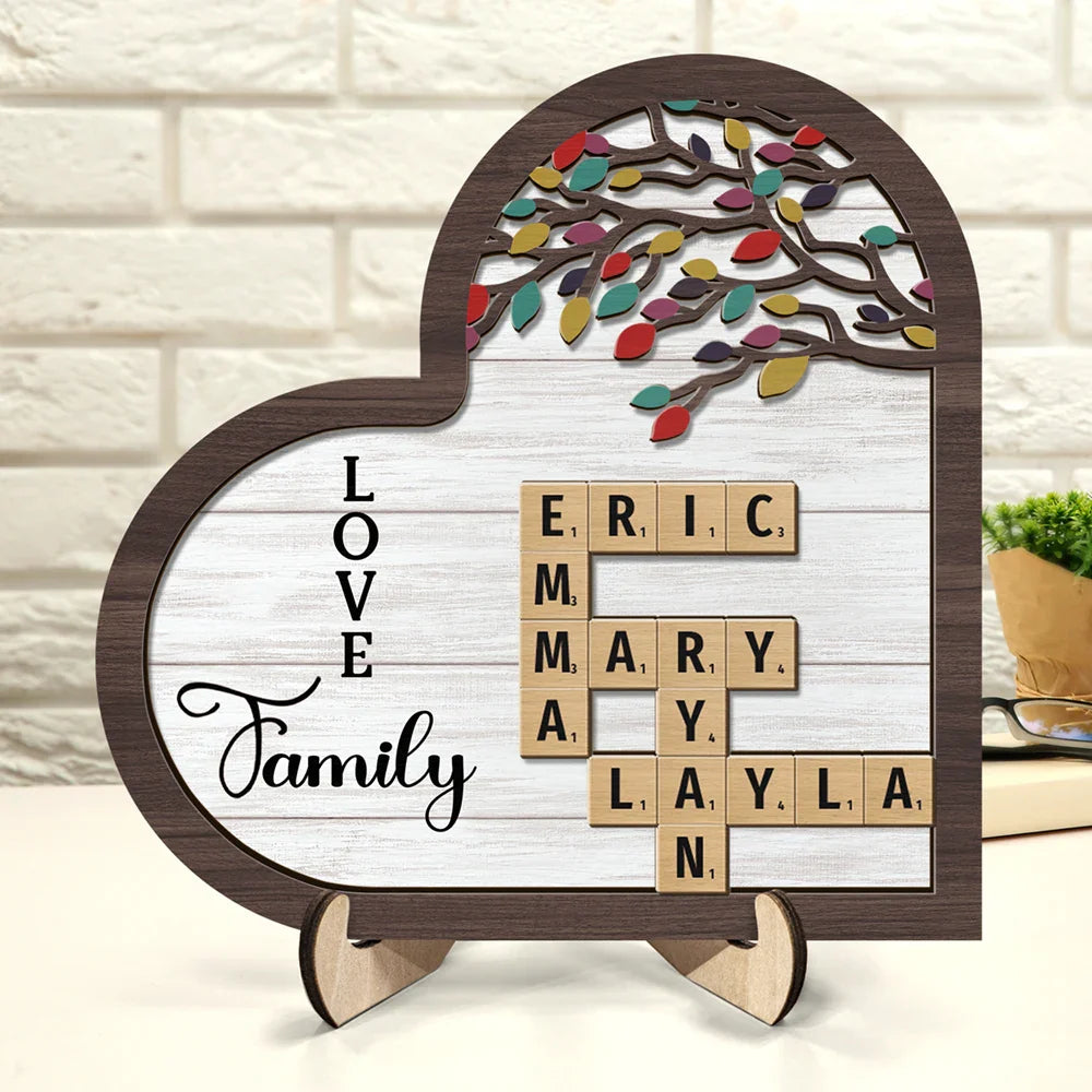 Family,Happy - Love Family Crossword Scrabble - Personalized 2-Layered Wooden Plaque With Stand