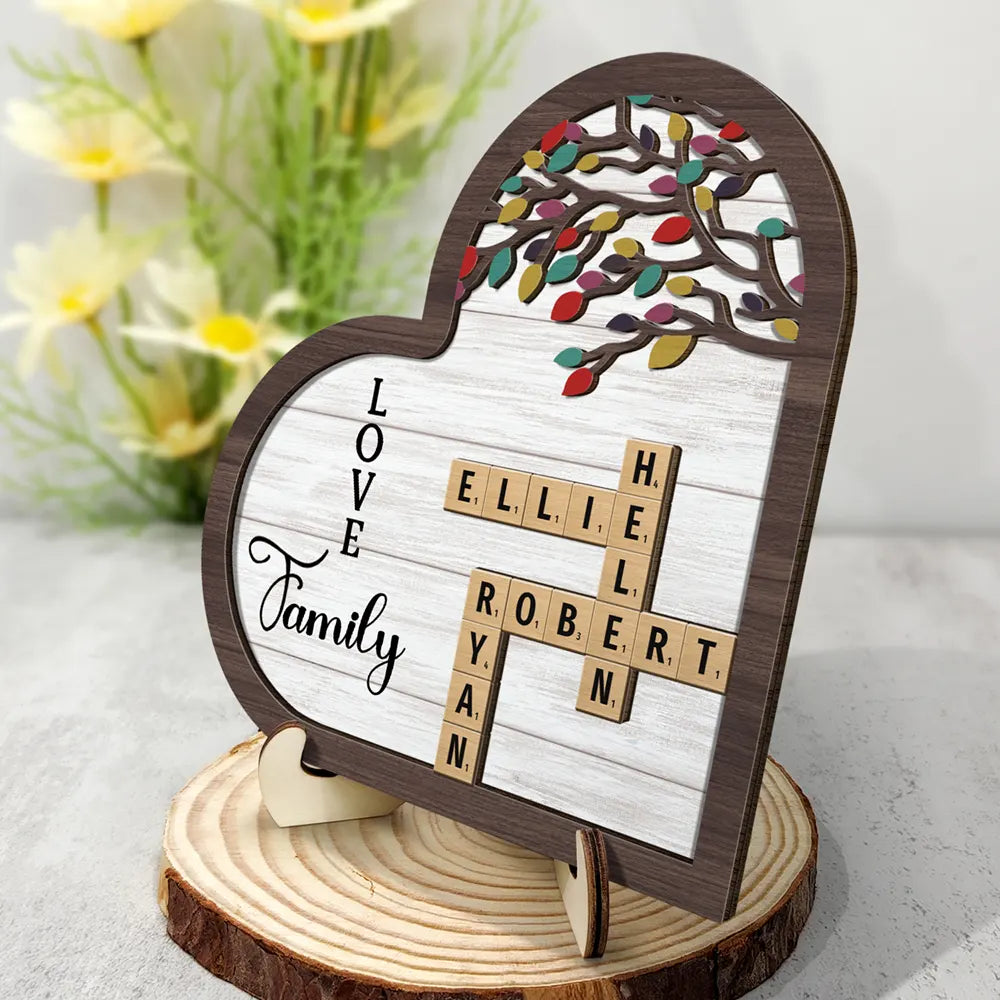 Family,Happy - Love Family Crossword Scrabble - Personalized 2-Layered Wooden Plaque With Stand