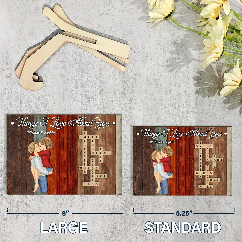 Gift For Couples - Crossword Scrabble Things I Love About You Couple - Personalized 2-Layered Wooden Plaque With Stand
