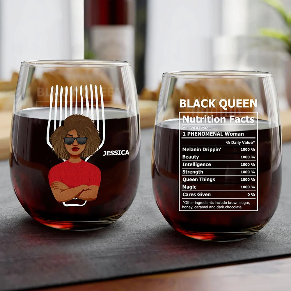 Gift For Women,Afro,Happy - Black Queen Nutrition Facts Hair Comb - Personalized Stemless Wine Glass