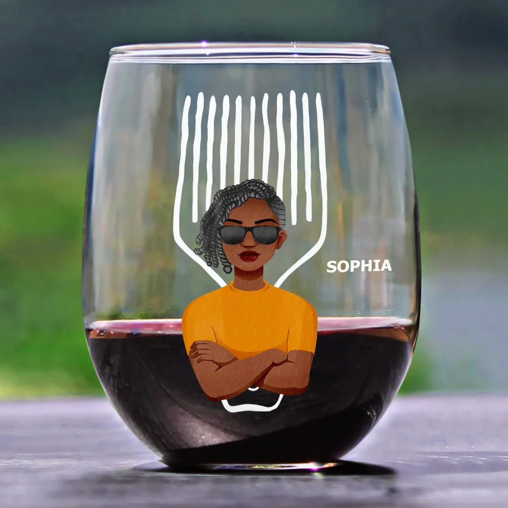 Gift For Women,Afro,Happy - Black Queen Nutrition Facts Hair Comb - Personalized Stemless Wine Glass