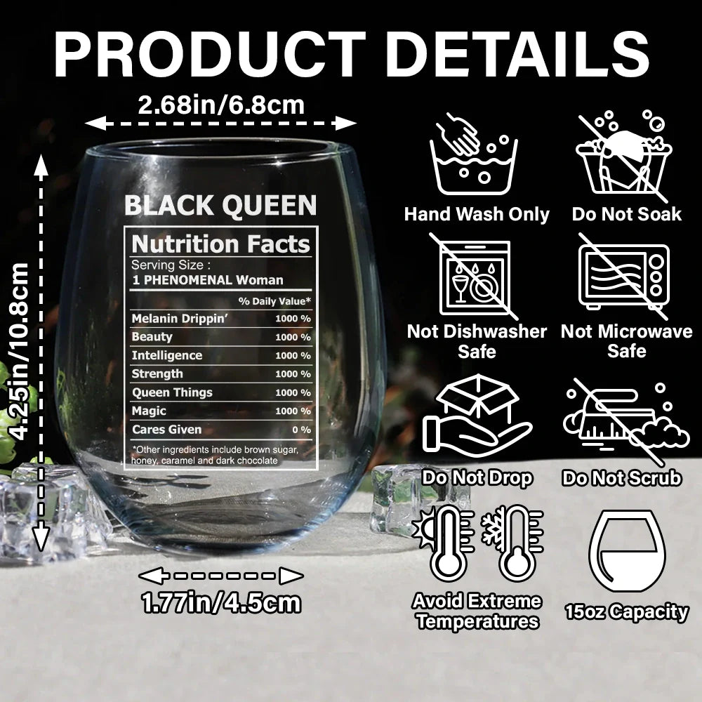 Gift For Women,Afro,Happy - Black Queen Nutrition Facts Hair Comb - Personalized Stemless Wine Glass