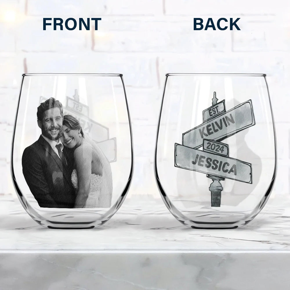 Gift For Couples, Gift For Husband, Gift For Boyfriend, Gift For Wife, Gift For Girlfriend - Custom Photo Greyscale Couples - Personalized Stemless Wine Glass
