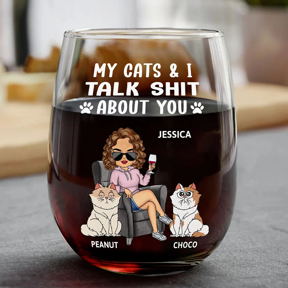 Pet Lovers, Dog Lovers, Cat Lovers - My Dog & I Talk About You - Personalized Stemless Wine Glass
