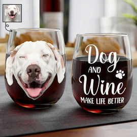 Pet Lovers,Dog Lovers,Cat Lovers,Custom Photo,Funny - Custom Photo Dog & Wine Make Everything - Personalized Stemless Wine Glass