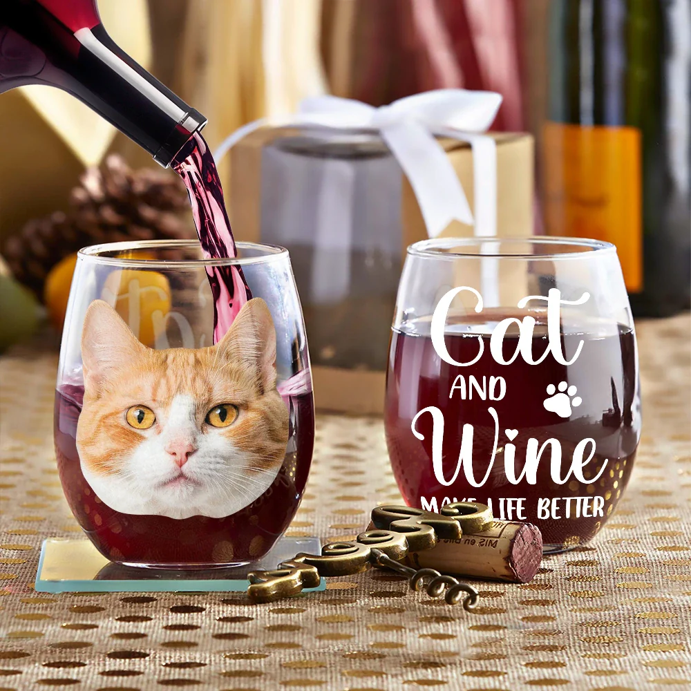 Pet Lovers,Dog Lovers,Cat Lovers,Custom Photo,Funny - Custom Photo Dog & Wine Make Everything - Personalized Stemless Wine Glass