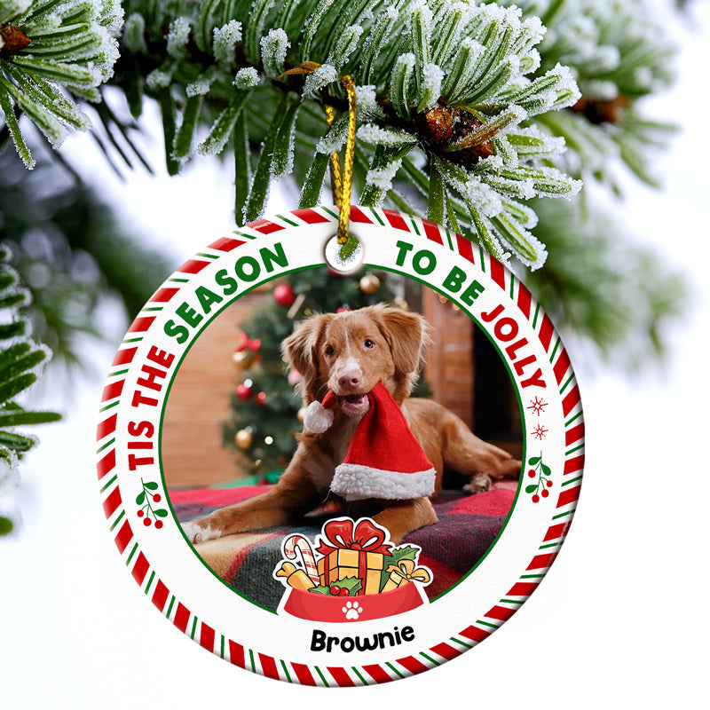 Custom Photo Tis The Season To Be Jolly Dog Cat Christmas - Gift For Dog And Cat Lovers - Personalized Custom Circle Ceramic Ornament