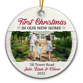 Custom Photo First Christmas In Our New Home - Christmas Gift For Family - Personalized Custom Circle Ceramic Ornament