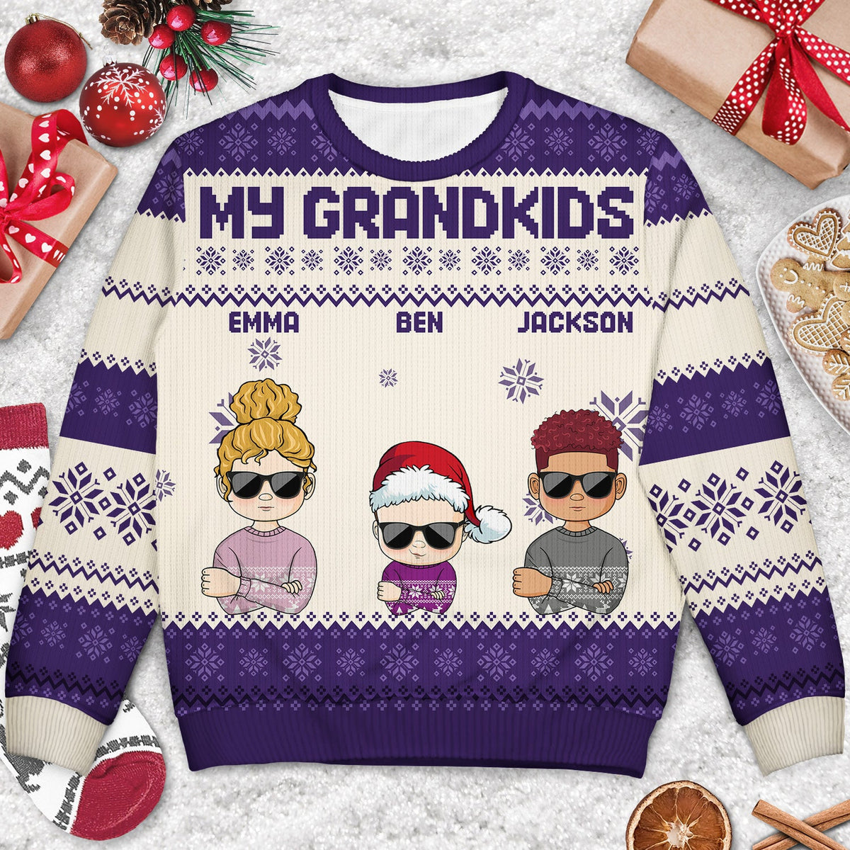 Front Family - Christmas, Funny Gift For Family, Couple, Dad, Mom, Grandpa, Grandma - Personalized Unisex Ugly Sweater