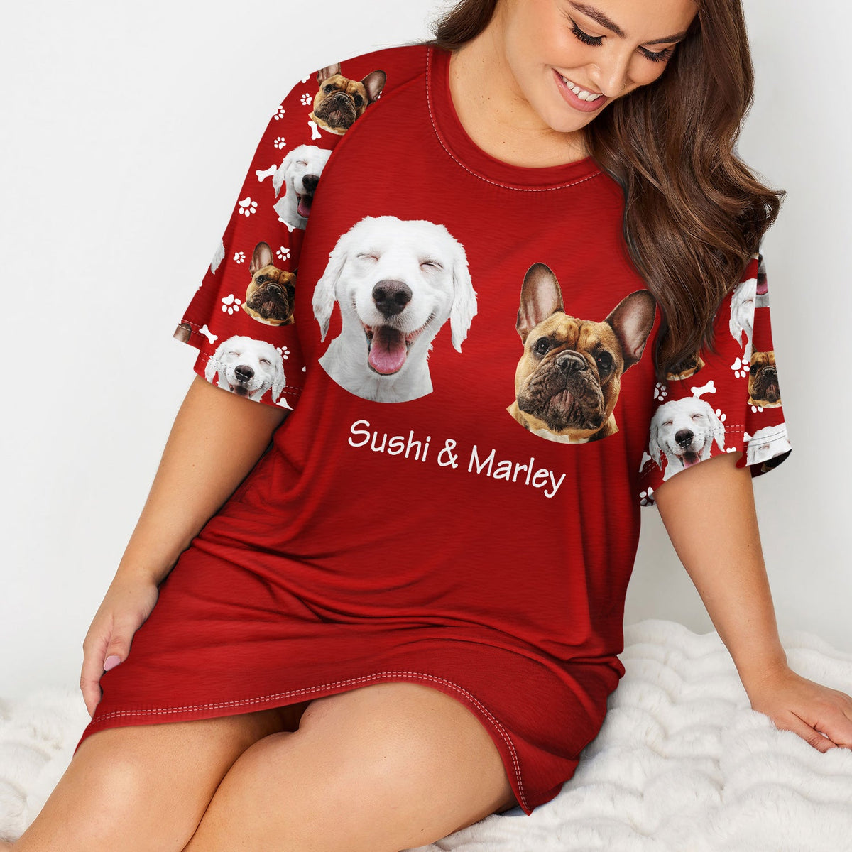 Custom Photo Pet Faces - Gift For Dog Lovers, Cat Lovers - Personalized Women's Sleep Tee