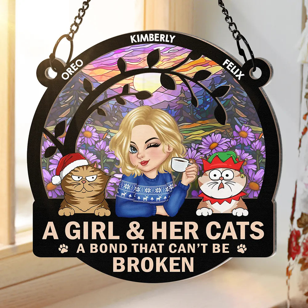 Pet Lovers - A Girl And Her Cats A Bond That Can't Be Broken Turban Woman - Personalized Window Hanging Suncatcher Ornament