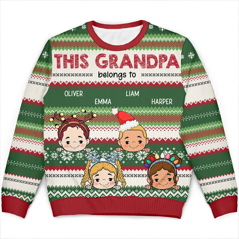 Christmas,Gift For Grandpa,Gift For Father,Continue Shopping,Happy - This Grandpa Daddy Belongs To Grandkids Kids - Personalized Unisex Ugly Sweater