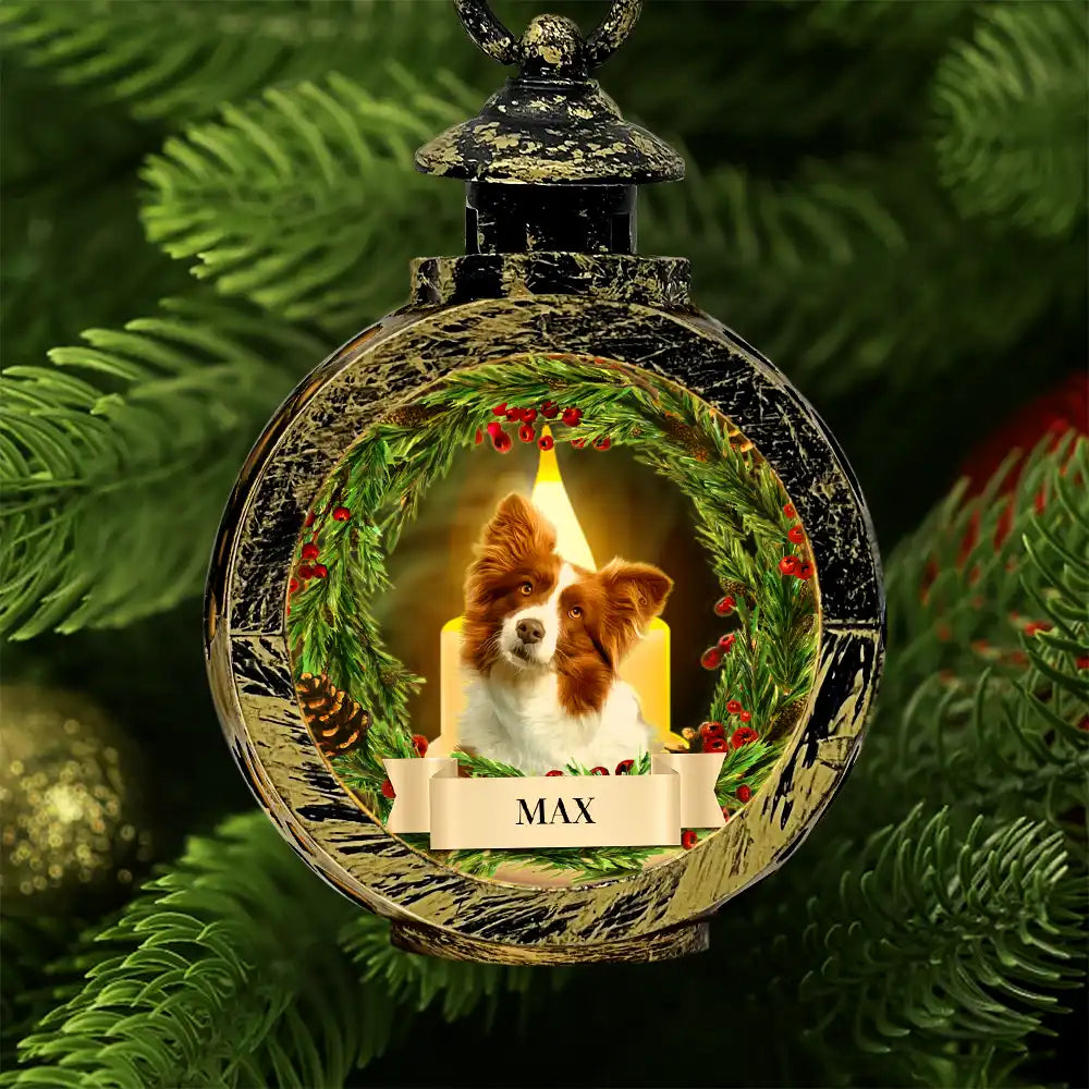 Pet Lovers, Memorial - Custom Photo Lovely Dog Cat Face Wreath Pet Memorial - Personalized Candlelight Lantern Ornament