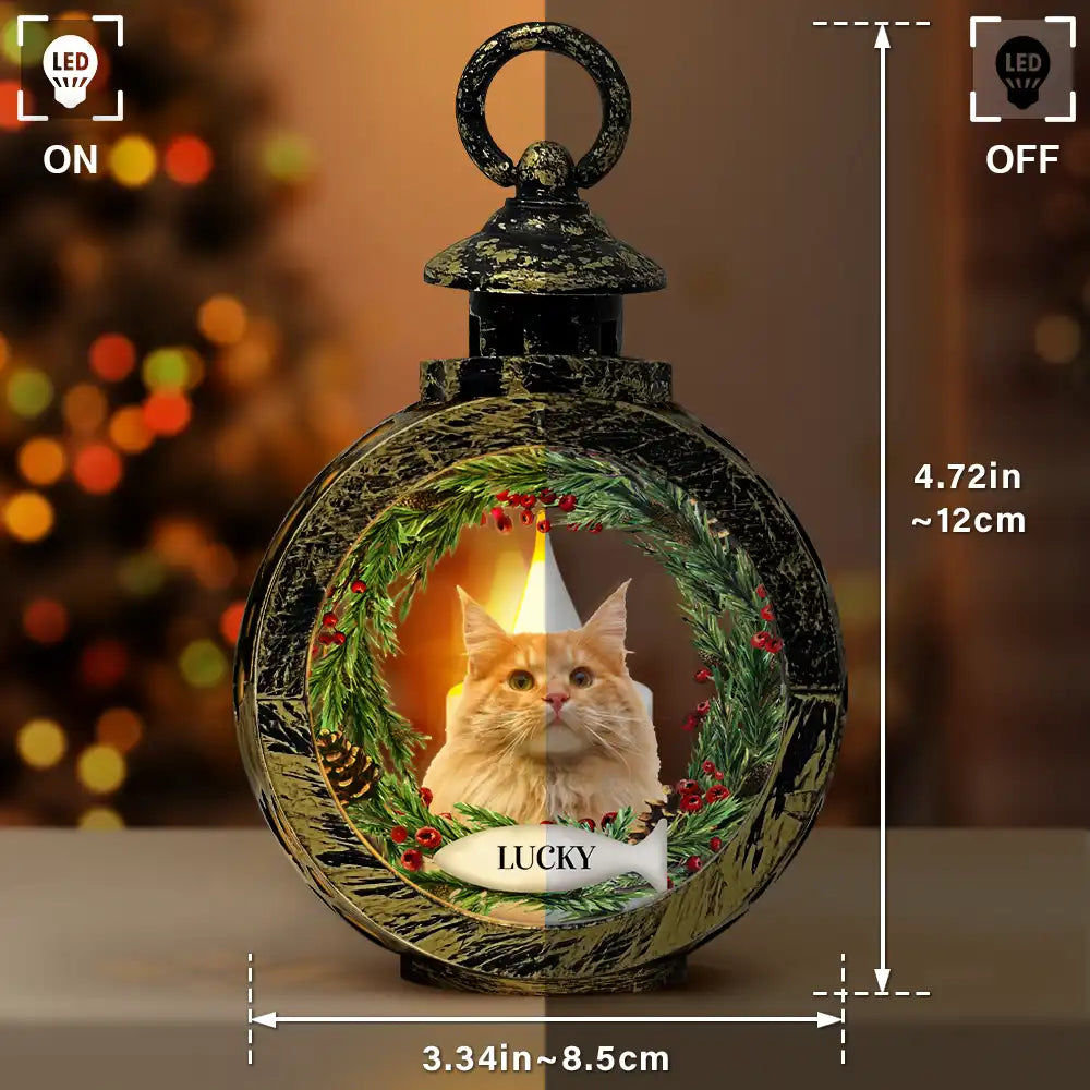 Pet Lovers, Memorial - Custom Photo Lovely Dog Cat Face Wreath Pet Memorial - Personalized Candlelight Lantern Ornament