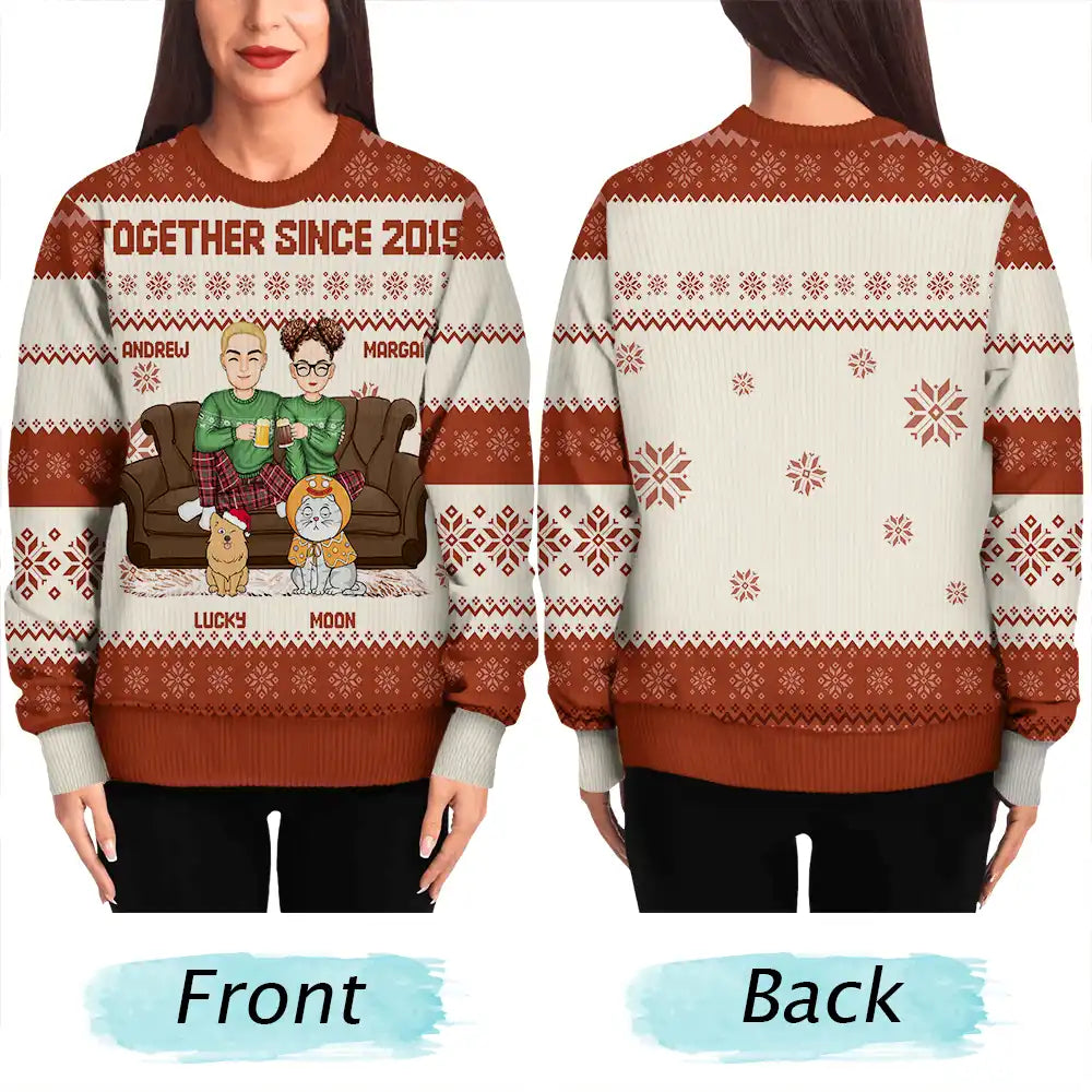 Gift For Couples, Pet Couple - Cartoon Couple With Kids And Pets - Personalized Unisex Ugly Sweater