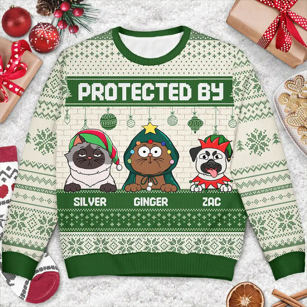 Pet Lovers, Gift For Kids - Protected By Dogs And Cats Funny Pet - Personalized Unisex Ugly Sweater