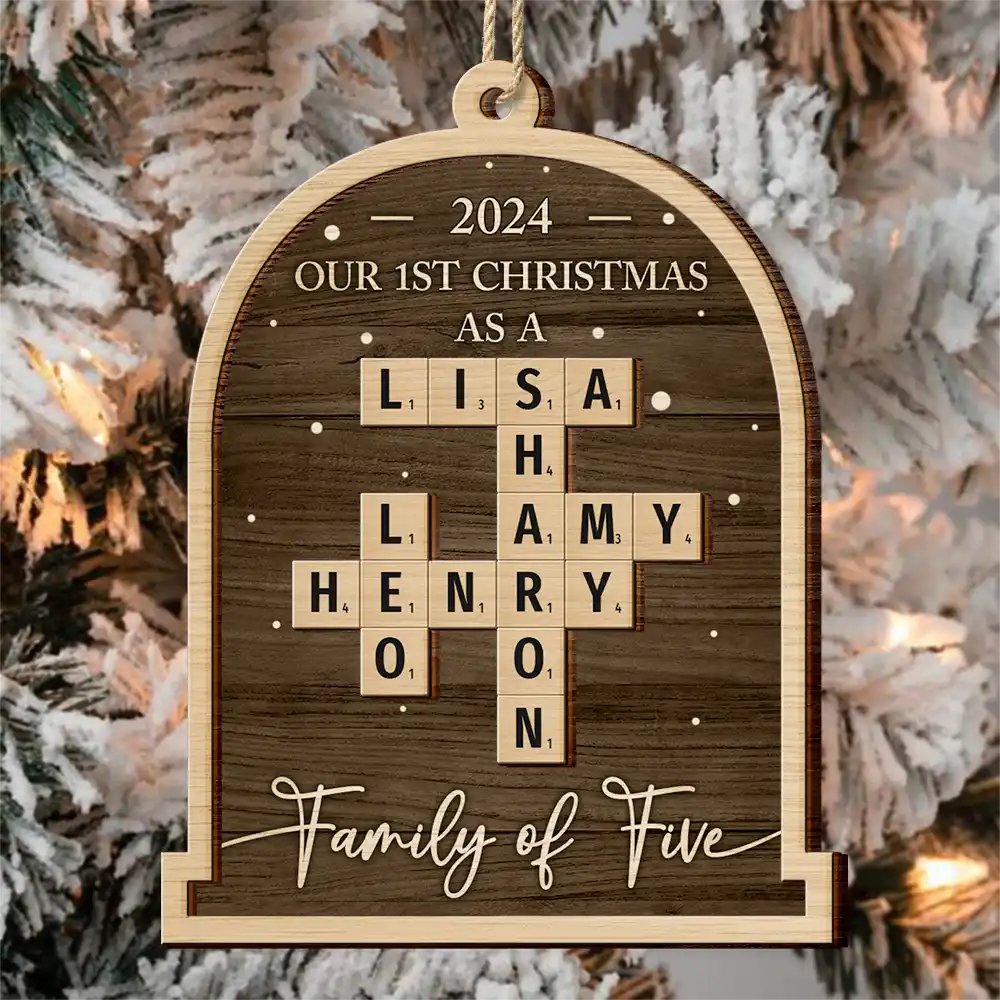 First Christmas As A Family Of Four Crossword Scrabble - Personalized 2-Layered Wooden Ornament