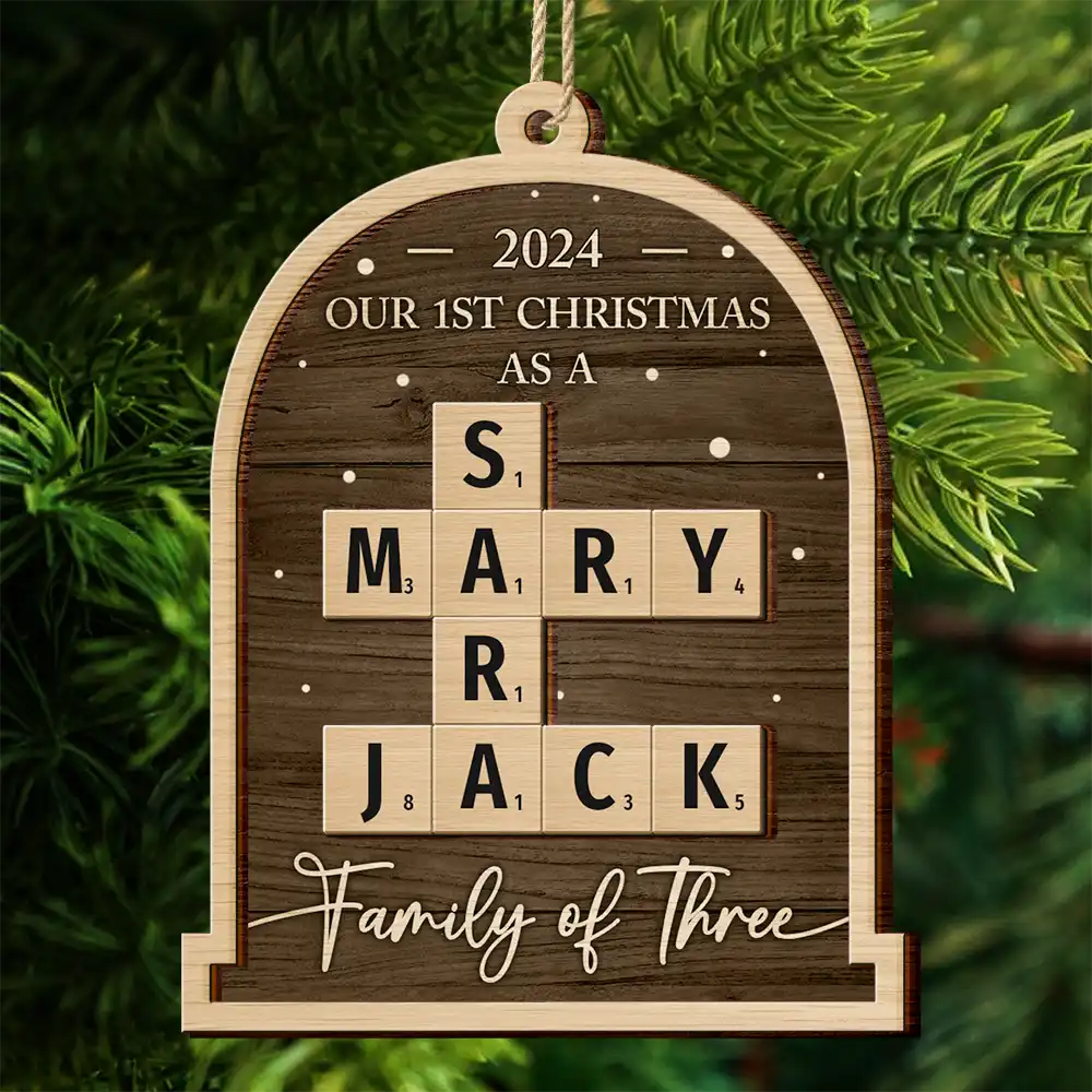 First Christmas As A Family Of Four Crossword Scrabble - Personalized 2-Layered Wooden Ornament