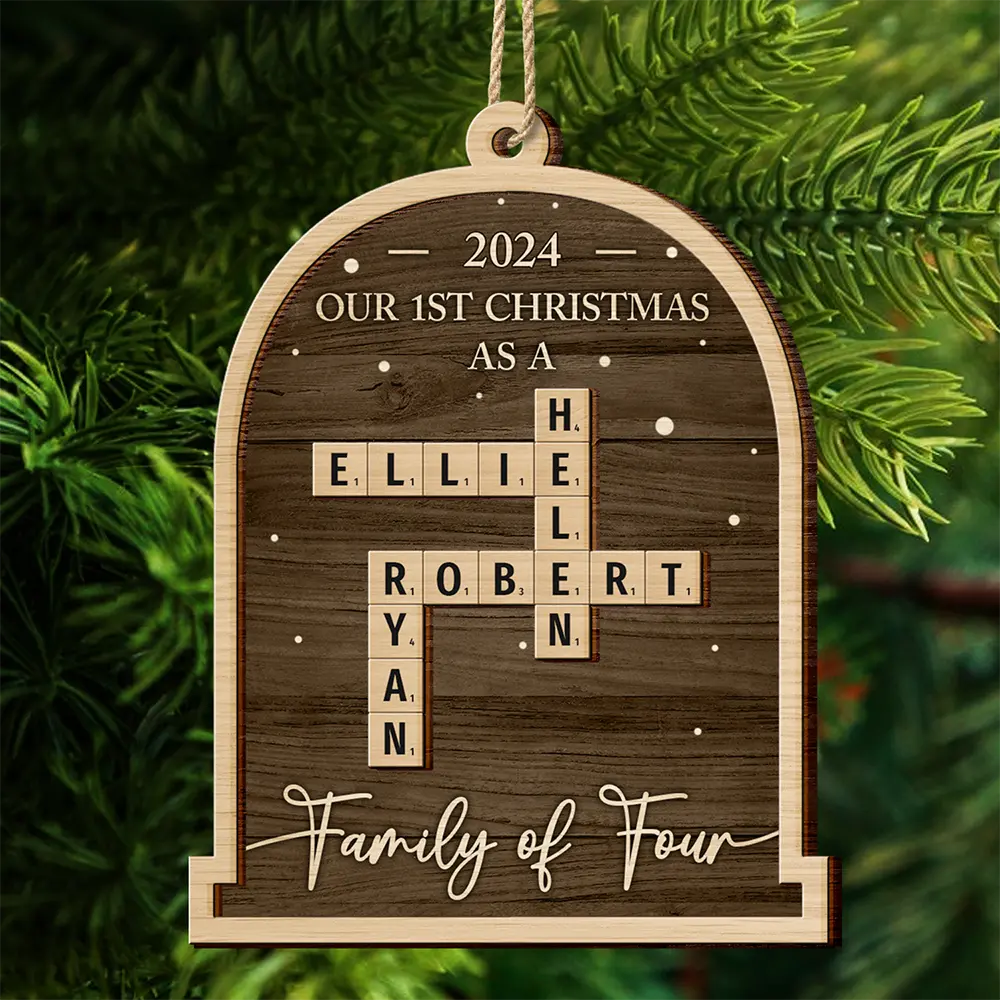 First Christmas As A Family Of Four Crossword Scrabble - Personalized 2-Layered Wooden Ornament