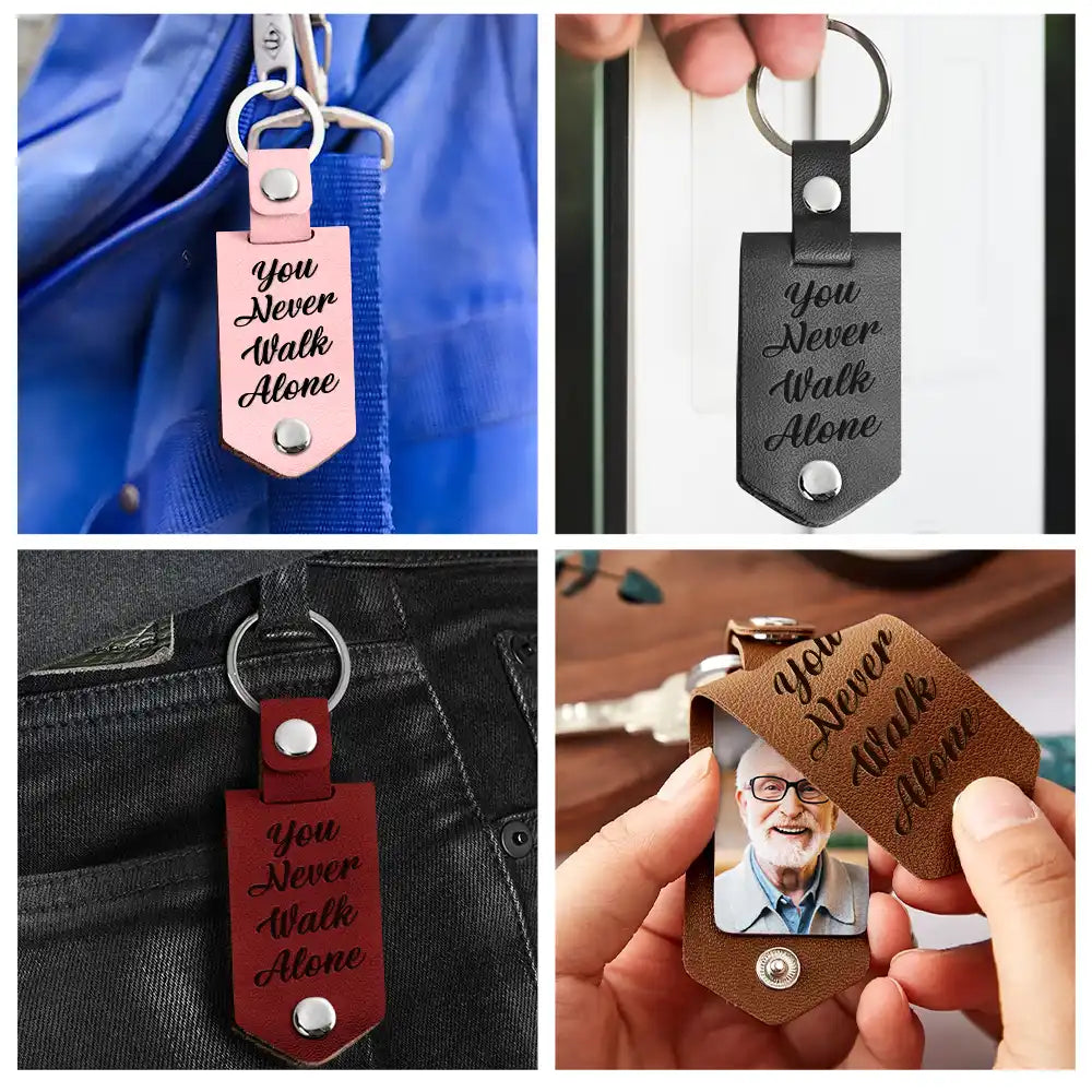 Christmas,Memorial,Custom Photo,Love - Custom Photo Hold Me In Your Heart You Never Walk Alone Memorial - Personalized Leather Photo Keychain