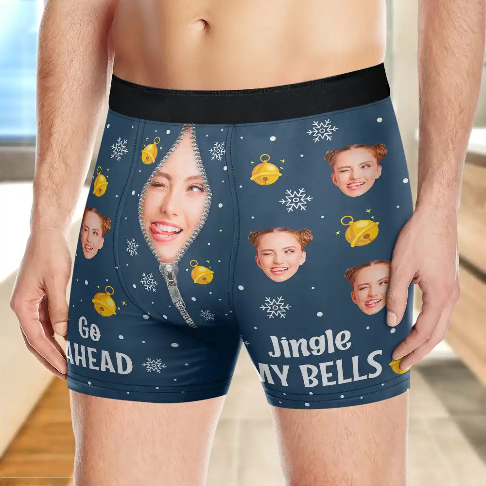 Gift For Couples, Gift For Husband - Custom Photo Funny Go Ahead Jingle My Bells - Personalized Men's Boxer Briefs
