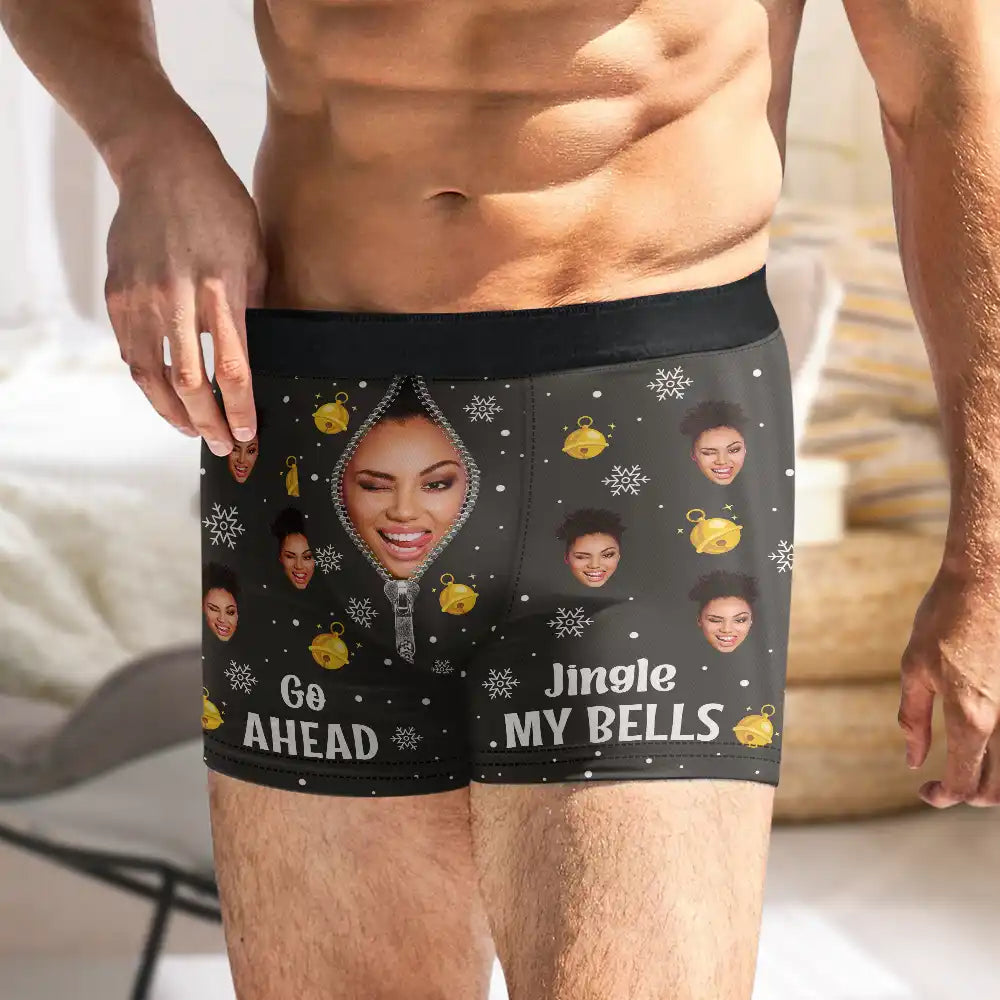 Gift For Couples, Gift For Husband - Custom Photo Funny Go Ahead Jingle My Bells - Personalized Men's Boxer Briefs
