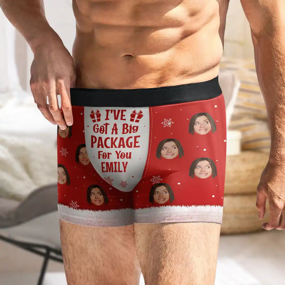 Christmas,Gift For Couples,Funny,Gift For Husband - Custom Photo Funny I've Got A Big Package For You Husband - Personalized Men's Boxer Briefs