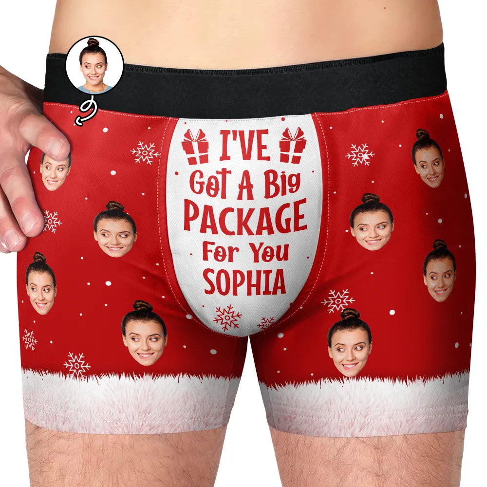 Christmas,Gift For Couples,Funny,Gift For Husband - Custom Photo Funny I've Got A Big Package For You Husband - Personalized Men's Boxer Briefs