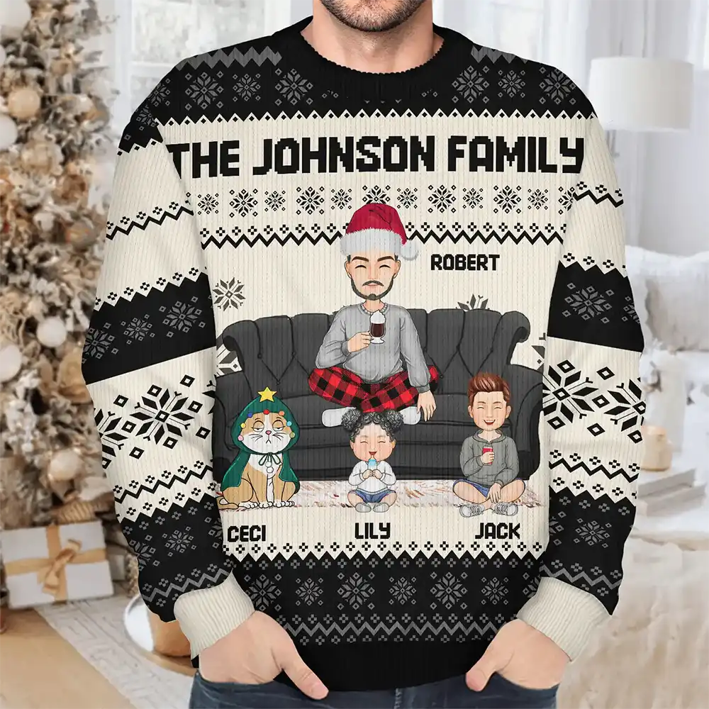 Christmas, Single Mom, Single Dad, Pet Lovers - Cartoon Single Mom Dad With Kids And Pets - Personalized Unisex Ugly Sweater
