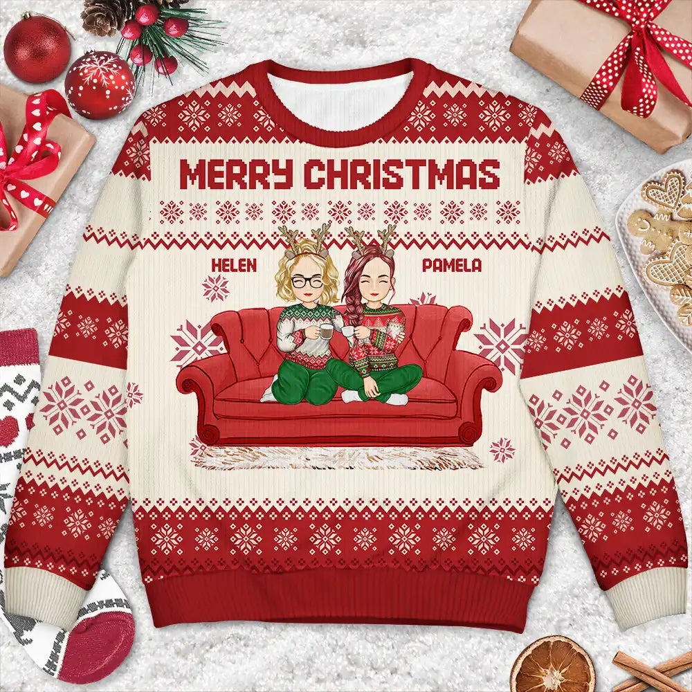 Family, Pet Lovers - Cartoon Same Gender Couple With Kids And Pets - Personalized Unisex Ugly Sweater