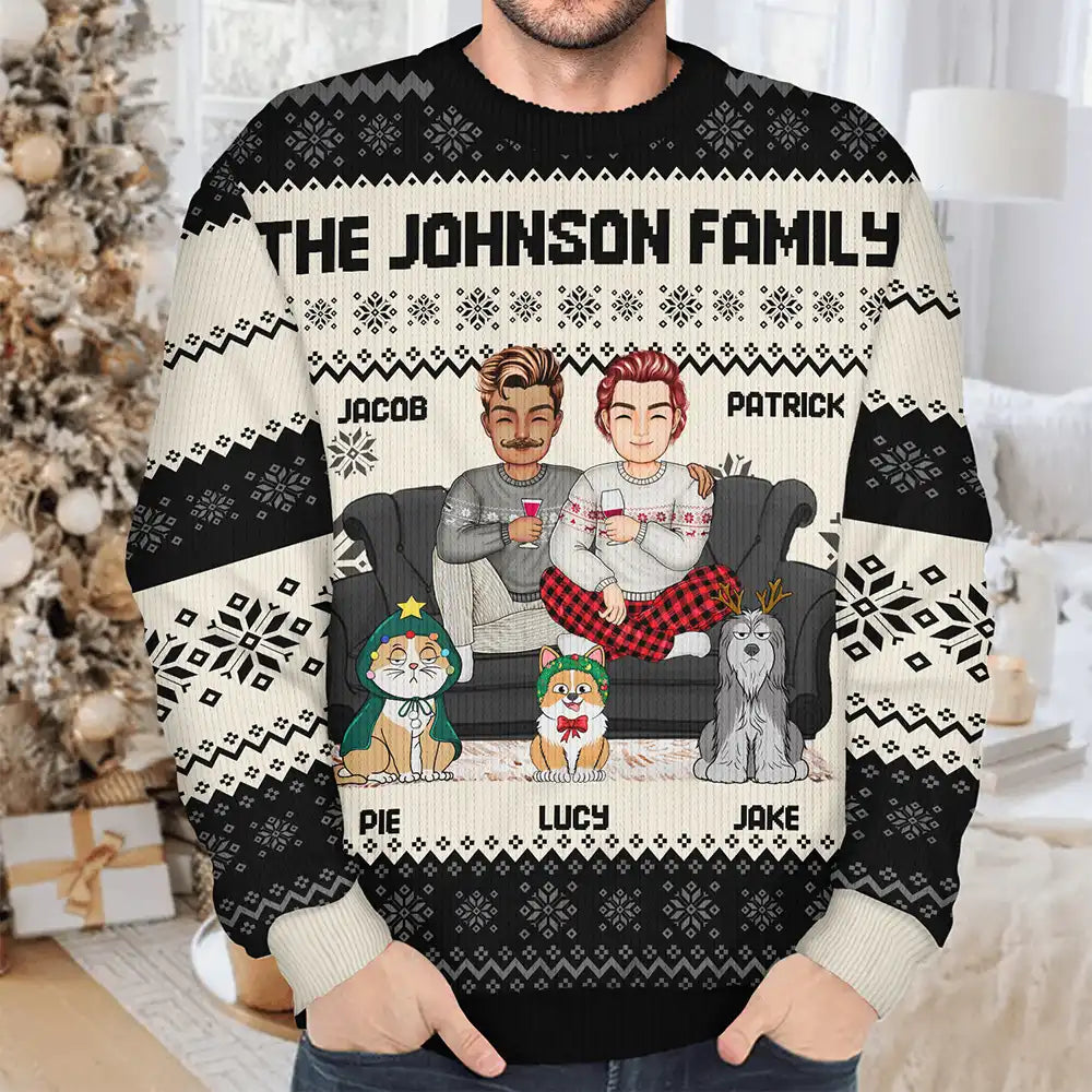 Family, Pet Lovers - Cartoon Same Gender Couple With Kids And Pets - Personalized Unisex Ugly Sweater