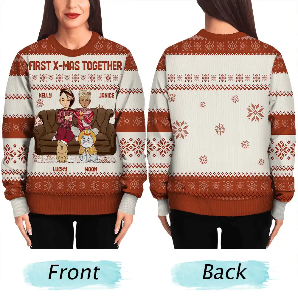 Family, Pet Lovers - Cartoon Same Gender Couple With Kids And Pets - Personalized Unisex Ugly Sweater