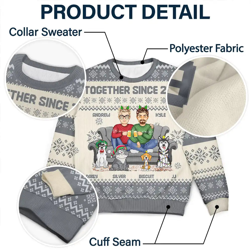 Family, Pet Lovers - Cartoon Same Gender Couple With Kids And Pets - Personalized Unisex Ugly Sweater