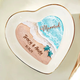 Gift For Couples, Gift For Husband, Gift For Wife, Wedding, Gift For Boyfriend, Gift For Girlfriend - Married Engaged Couple & The Sea Wedding - Personalized Heart Ring Dish